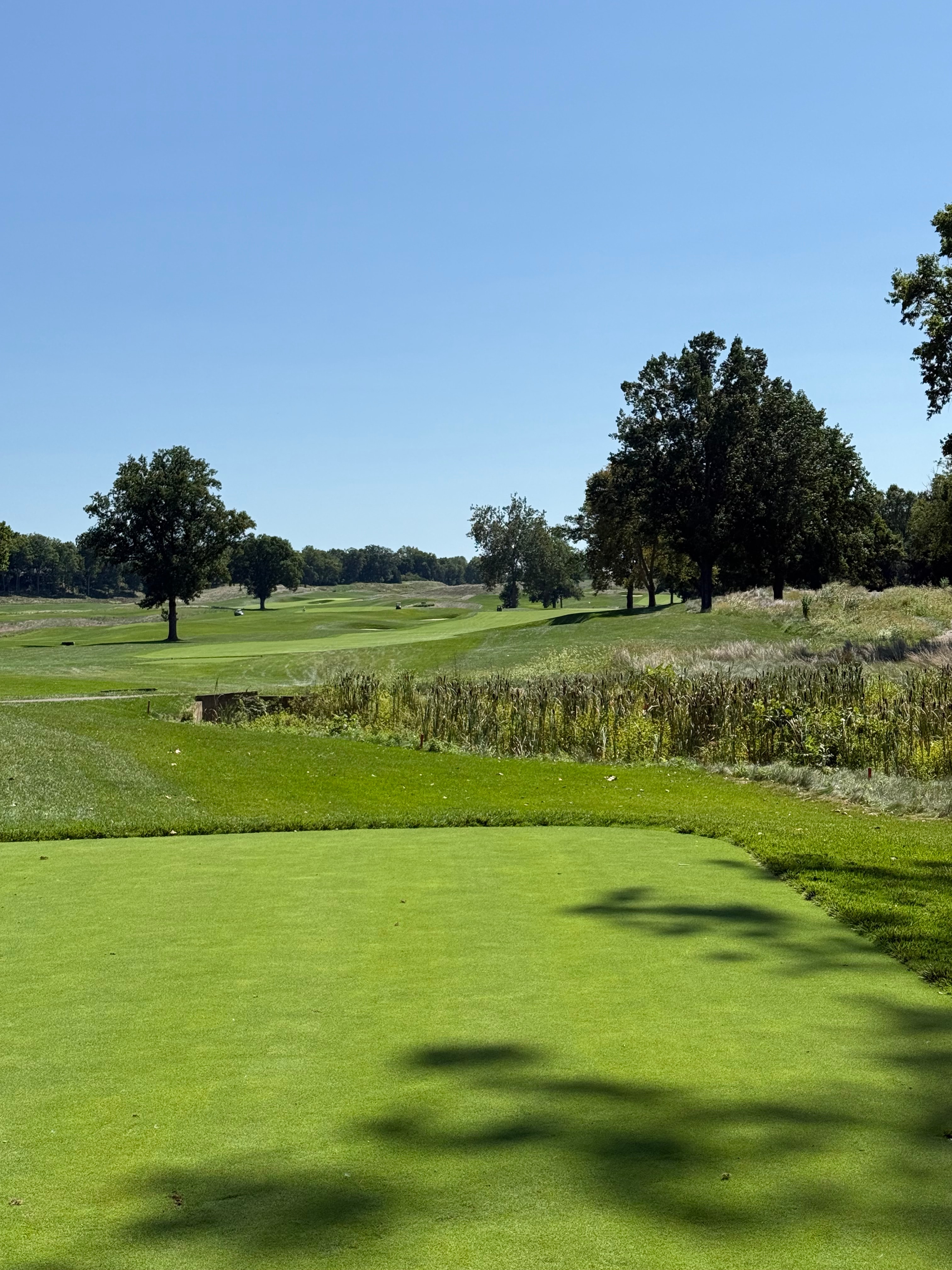 The severely elevated green of the 13th hole at Moraine